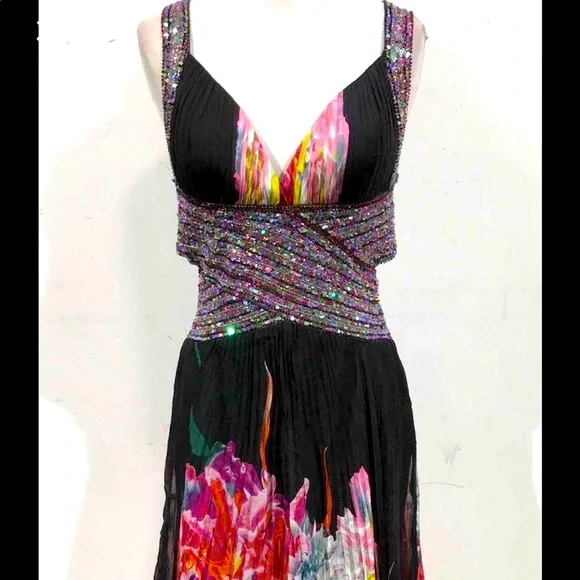 Jovani | Dresses | Jovani Silk Long Dress Gown Black Floral Embellished  Formal Sleeveless Open Back